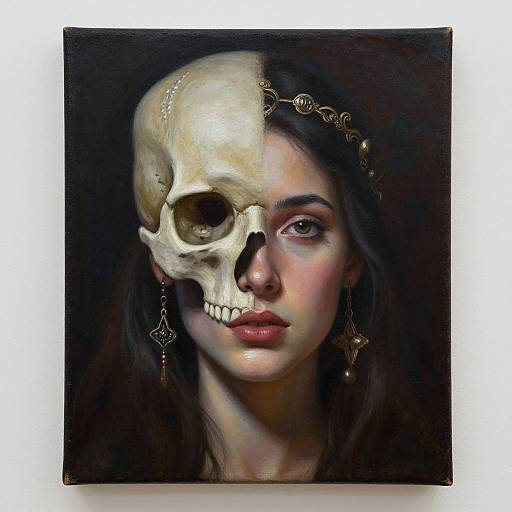 Digital painting of a woman with half-human, half-skull face, dark hair, gold earrings, dark background, realistic textures, eerie expression.