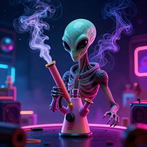Digital artwork of an alien with glowing green head, black eyes, and purple-black skin smoking from a bong, with neon blue and pink lights in