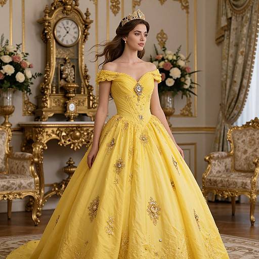 Photograph of a brunette woman in an off-shoulder, yellow, beaded ball gown with a tiara, standing in an opulent,