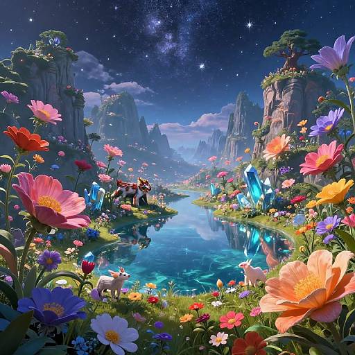 Vibrant digital fantasy landscape with a glowing river, colorful flowers, blue crystals, towering cliffs, starry night sky, and lush greenery.