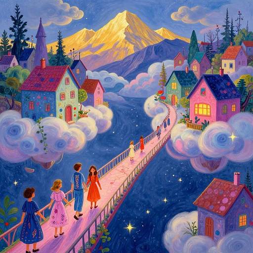 Whimsical painting of children walking on a cloud-bridge to colorful, fairy-tale houses, with a glowing mountain in the background.