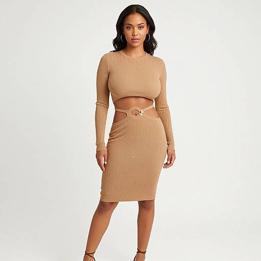 Photograph of a confident woman with medium brown skin, black wavy hair, wearing a beige, ribbed, long-sleeve, midr