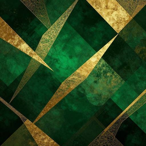 Abstract digital artwork featuring overlapping gold and black geometric patterns on a textured green background, creating a dynamic, intersecting design.