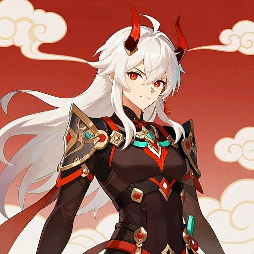 Anime-style digital illustration of a white-haired, red-eyed demon girl with red horns, wearing black armor with red and gold accents, against a red sky
