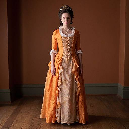 Photograph of a pale-skinned woman in an orange, 18th-century style dress with white lace trim, standing in a dimly lit room
