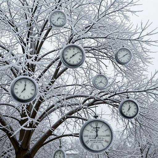 Photograph of a snow-covered tree adorned with twelve round clocks, each displaying different times, set against a white, wintry sky.
