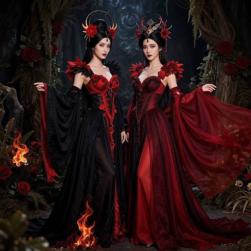 Photograph of two Gothic-style women in elaborate black and red evening gowns with feathered shoulders, crown headpieces, standing amidst a dark forest with