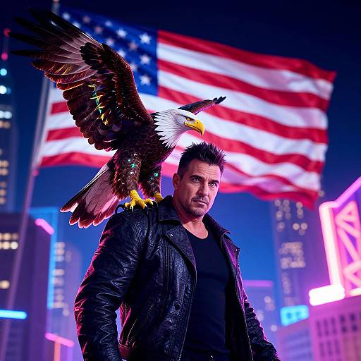 Photograph of a muscular man with spiked hair, wearing a black leather jacket, standing with a bald eagle on his shoulder, American flag in the neon