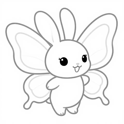 Cute, black-and-white line drawing of a chibi-style, bunny-like creature with large ears, round eyes, small tongue out, and wing