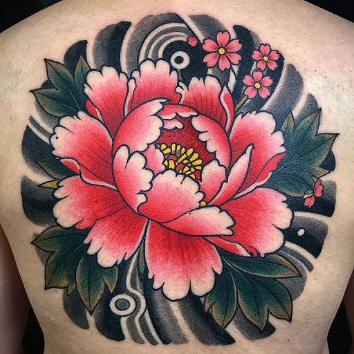 Vibrant tattoo of a large, pink peony with yellow center, surrounded by small pink flowers and dark green leaves, on a bare shoulder.