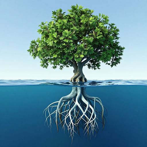 Digital artwork of a tree with lush green foliage, visible roots underwater, standing in calm blue water under a clear sky.