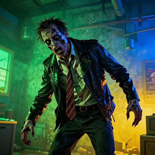 Photorealistic CGI of a bloodied, disheveled zombie man in a black leather jacket and red-striped tie, illuminated by green and yellow neon