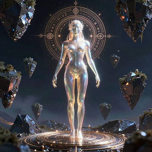 Iridescent Celestial Automaton with Floating Obsidian Islands