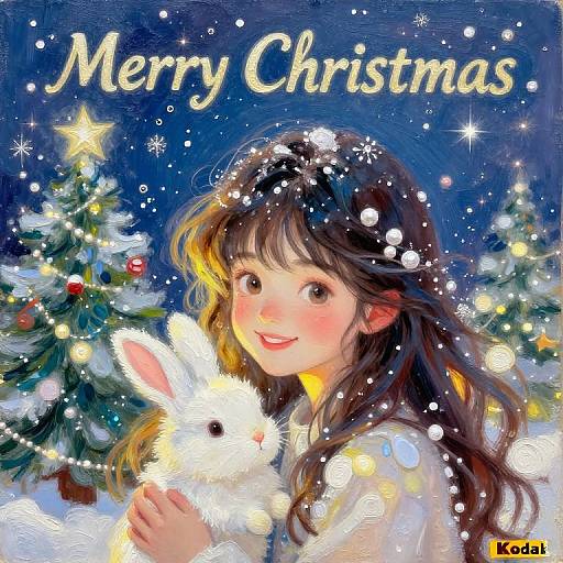Festive Girl with Bunny Christmas Scene