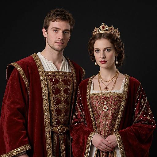 Photograph of a fair-skinned, brown-haired couple in medieval-style, richly embroidered red velvet attire with gold trim, standing against a black background