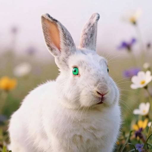 Photograph of a white rabbit with bright green eyes, pink nose, and alert ears, surrounded by a blurred field of colorful flowers.