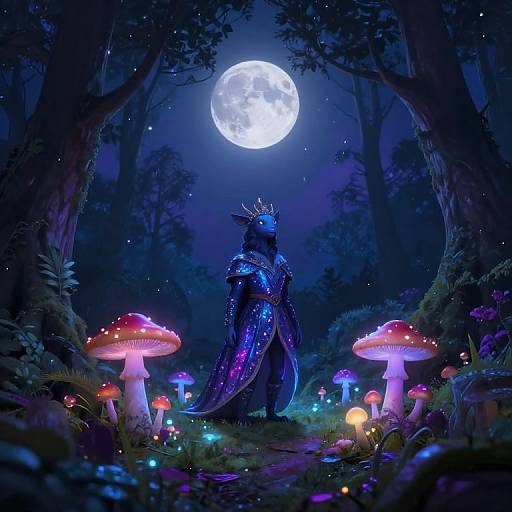 Digital fantasy artwork of a glowing, ethereal figure in a starry forest, crowned, surrounded by bioluminescent mushrooms under a full moon.