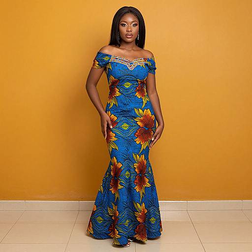 Photograph of a dark-skinned woman in an off-shoulder, blue floral dress with sunflowers, standing against an orange wall, on white