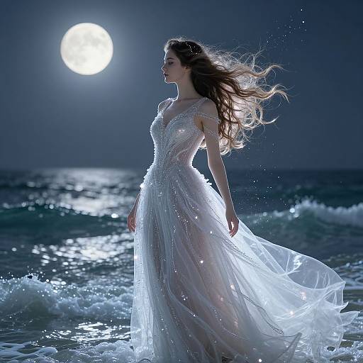 Photograph of a woman in a glowing, white, flowing dress standing on a moonlit beach with waves, her long hair blowing in the wind.