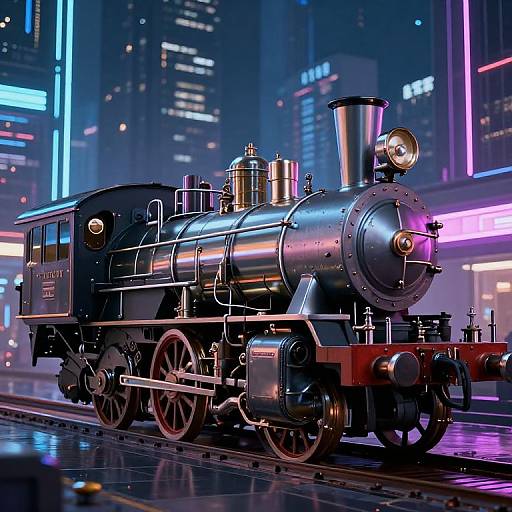 Photorealistic CGI image of a shiny black steam locomotive with purple neon lights in a futuristic, neon-lit cityscape at night.