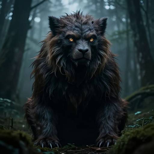 Digital artwork of a fierce, dark-furred werewolf with glowing yellow eyes, standing in a misty, dense forest, surrounded by moss-covered ground