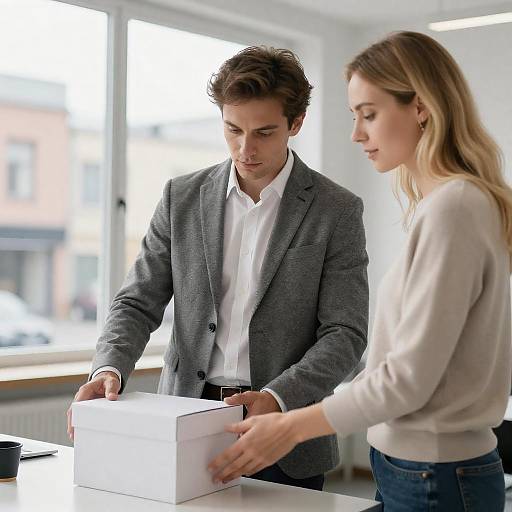 Office Interaction with Gray Suit and Blonde