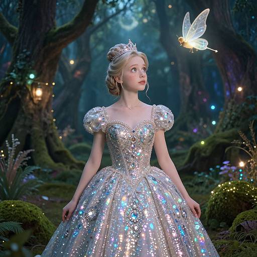 Photorealistic digital art: Blonde princess in shimmering silver gown with puffed sleeves, crown, and glowing bug, in a magical, moonlit