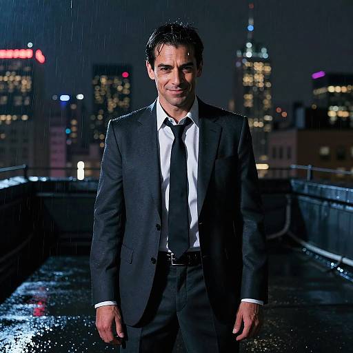 Photograph of a handsome man in a black suit and tie, standing on a rainy rooftop at night, city lights in the background.