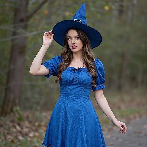 Photograph of a young woman with long brown hair, wearing a blue witch dress and hat, standing in a forest path.