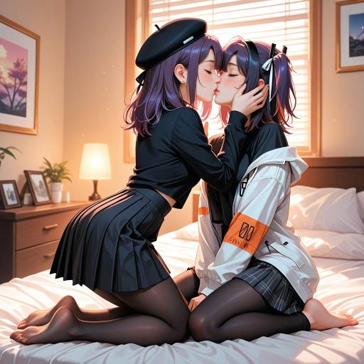 Anime Girls Sharing a Kiss in Bedroom