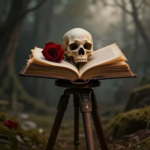 Photograph of a white skull with a red rose resting on an open book atop a vintage tripod in a misty forest.