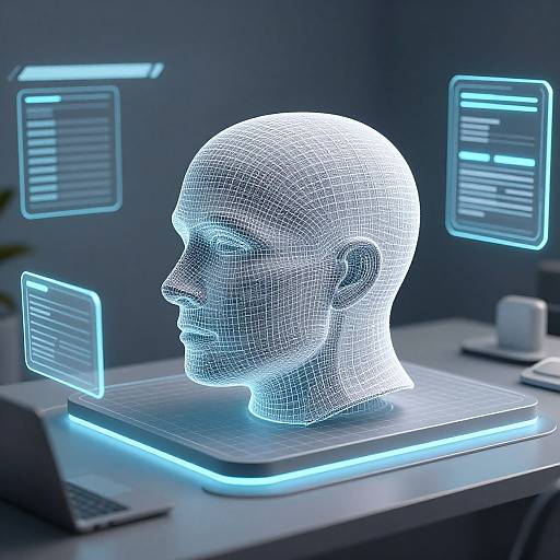 Digital CGI of glowing wireframe human head on futuristic blue-lit table, flanked by holographic screens displaying text. Modern, high-tech ambiance.
