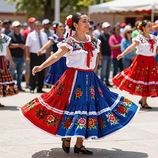 Photograph of a Latina woman dancing in a vibrant traditional Mexican dress with red and blue floral patterns, white blouse, and red ribbon, surrounded by a