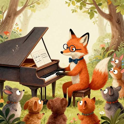 Digital illustration of an anthropomorphic fox with glasses and a blue bowtie playing a grand piano in a sunlit forest, surrounded by curious, anthropomorphic