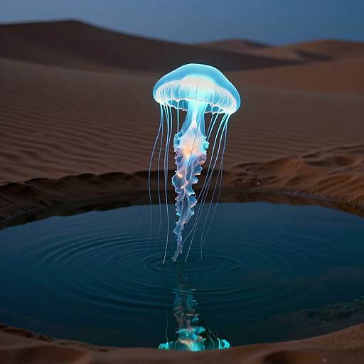 Photograph of a glowing blue jellyfish with long, translucent tentacles, floating in a shallow desert oasis pool under a twilight sky.