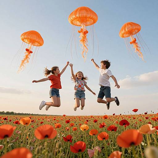 Photograph: Three children jumping in a poppy field, surrounded by floating orange jellyfish-like balloons, under a clear blue sky.