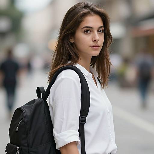 Photograph of a young woman with long brown hair, wearing a white shirt and black backpack, standing on a blurred city street.