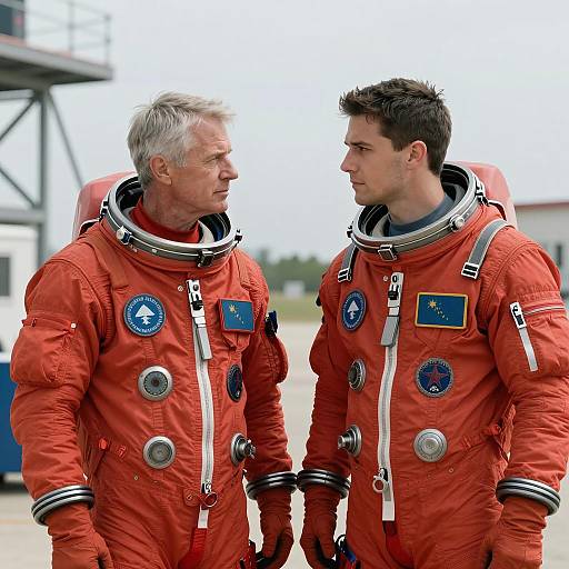 Two Astronauts in Red Space Suits Outdoors