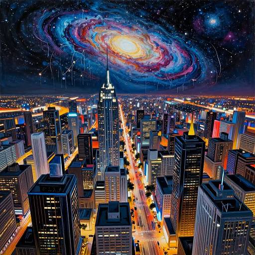 Digital art: Vibrant cityscape at night with glowing skyscrapers, colorful streetlights, and a surreal, swirling galaxy in the starry sky