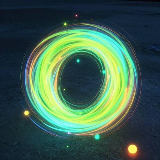 Photograph of a glowing, neon-colored light circle spinning in the dark, creating a vibrant, swirling effect with small colorful orbs around it.