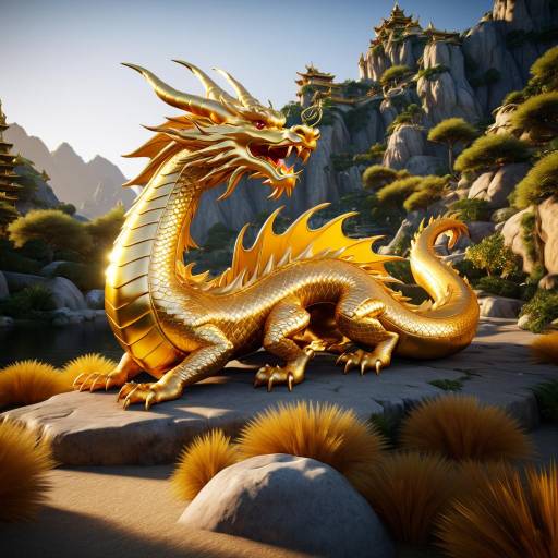 Cinematic Golden Dragon in Hyperrealistic Landscape