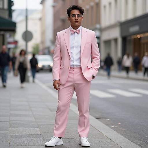 Photograph of a young Black man with short curly hair, wearing a pastel pink suit, white shirt, bow tie, and white sneakers, standing