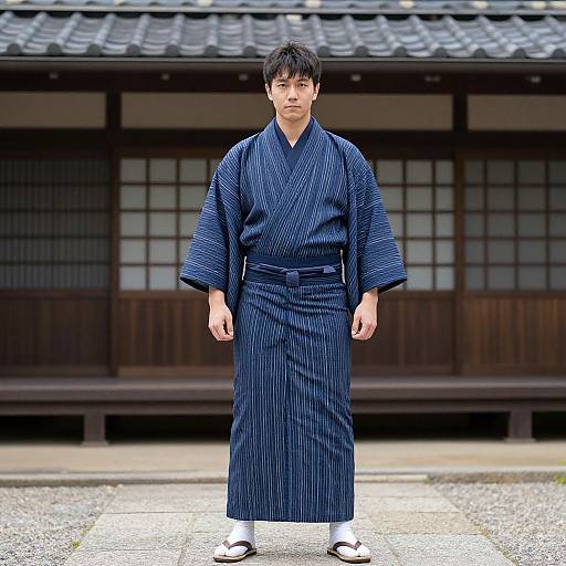 Photograph of a serious East Asian man in a blue pinstriped yukata standing in front of a traditional Japanese wooden building with tiled roof