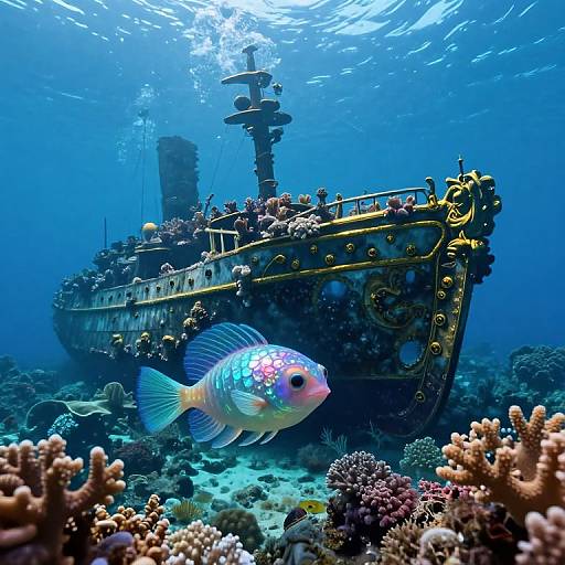 Photograph of a sunken, ornate, golden and black shipwreck surrounded by vibrant coral reefs and a colorful, bioluminescent fish