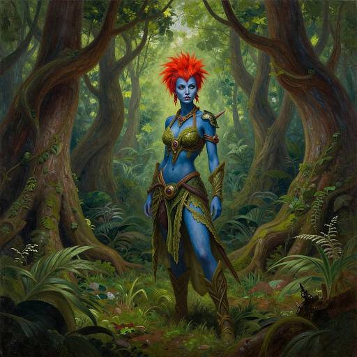 Digital fantasy artwork of a blue-skinned, red-maned warrior woman with golden armor, standing in a dense, lush forest. Her confident stance contrasts