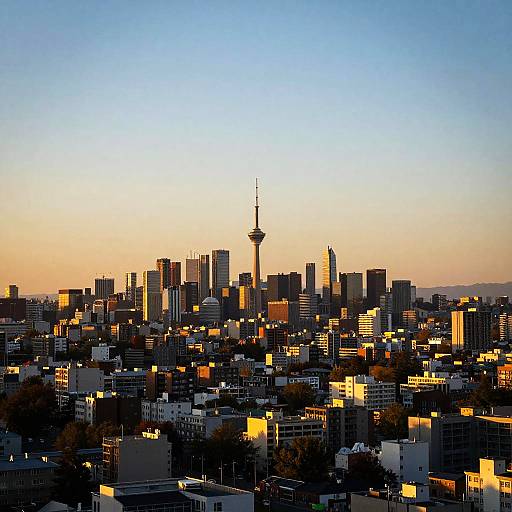 Photograph of Toronto's skyline at sunset, featuring the CN Tower centered, surrounded by illuminated buildings, with a gradient sky from blue to yellow.