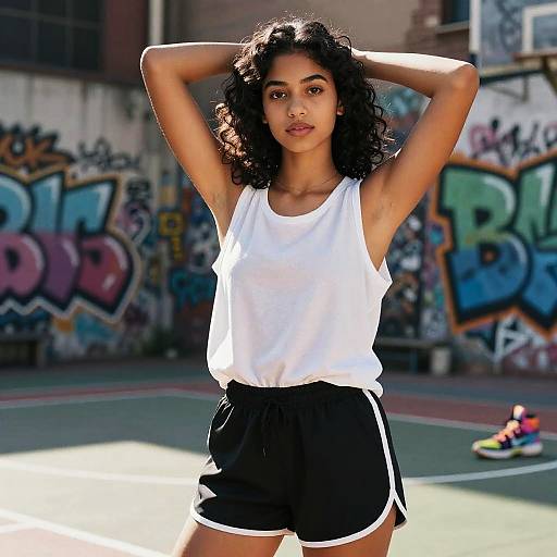 Photograph of a young woman with curly black hair, wearing a white tank top and black athletic shorts, standing on a graffiti-covered outdoor basketball court with