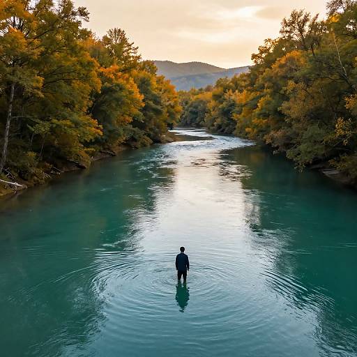 Photograph of a lone person standing in a serene, turquoise river, surrounded by autumnal trees, at sunset, creating a peaceful, reflective scene.