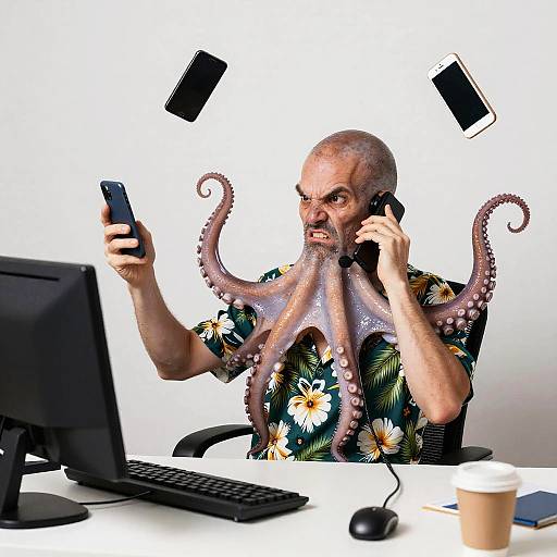 Octopus Man Juggling Phones at Desk