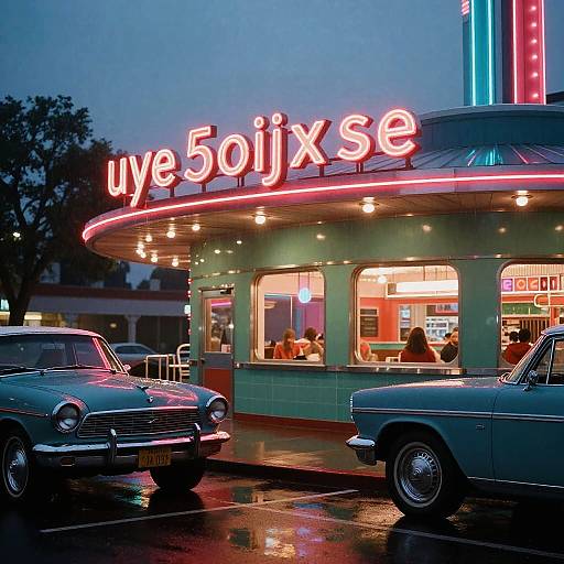 Neon Retro Diner on Rainy Evening